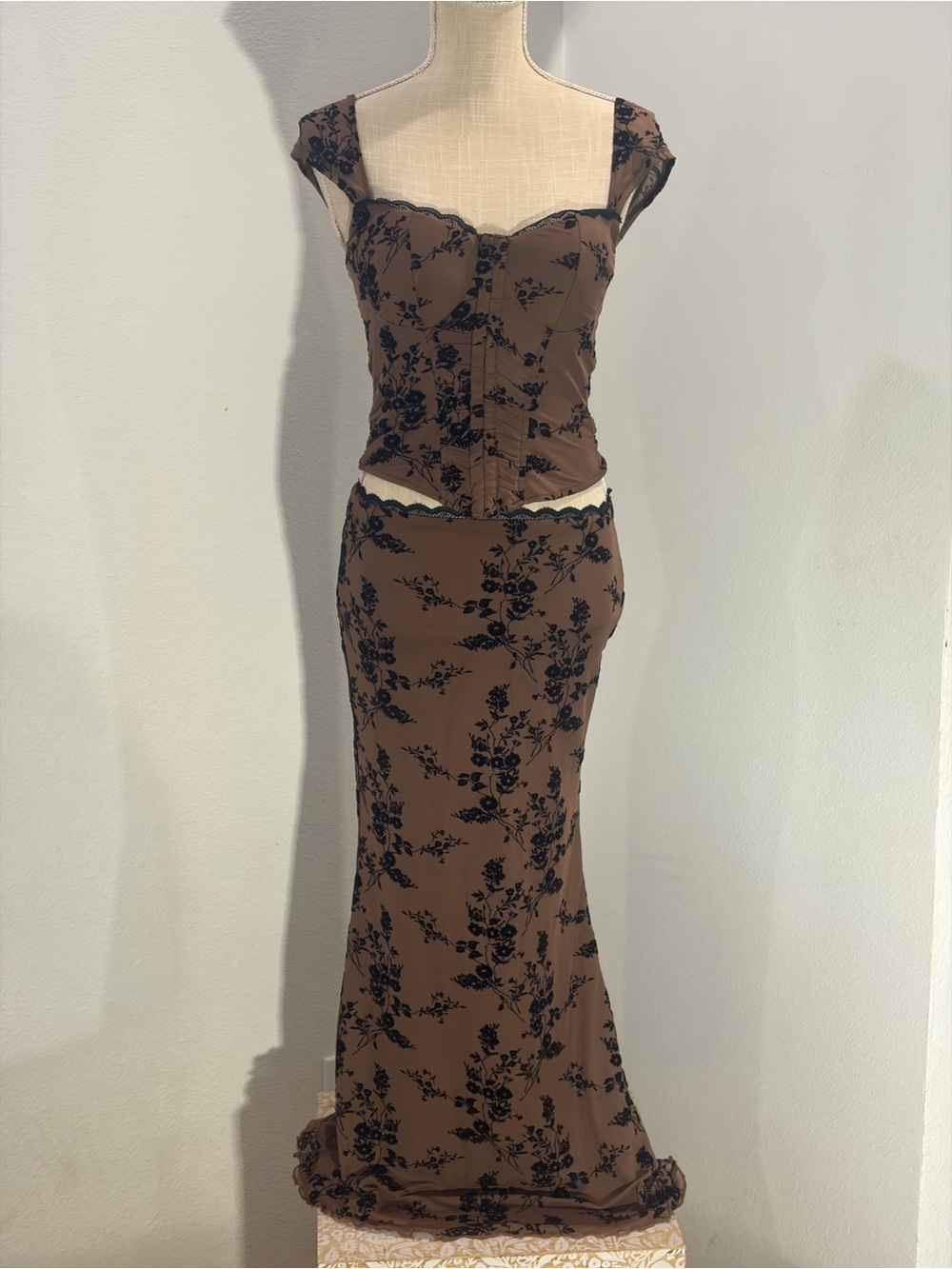 Windsor Brown velvet burnout Maxi Skirt Set with Black Floral Print